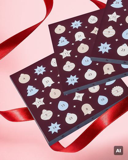 Advent calendar with numbered doors and festive shapes on a dark background, accented by red ribbons on a pink backdrop.