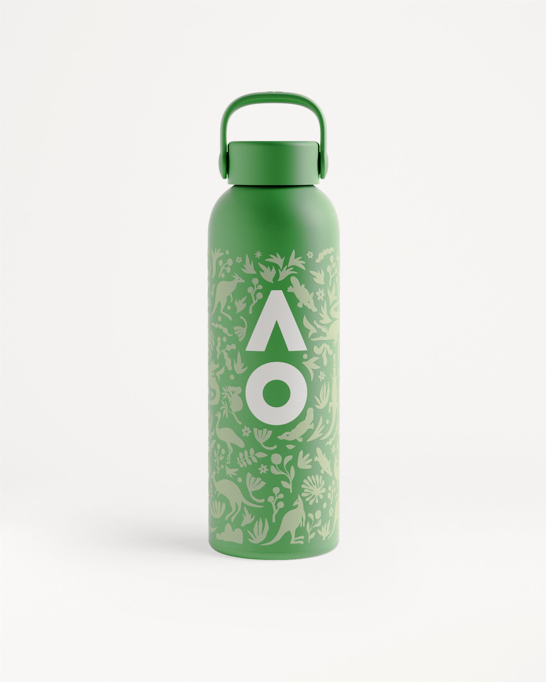 Green metal water bottle with a carrying loop and plant-pattern wrap.