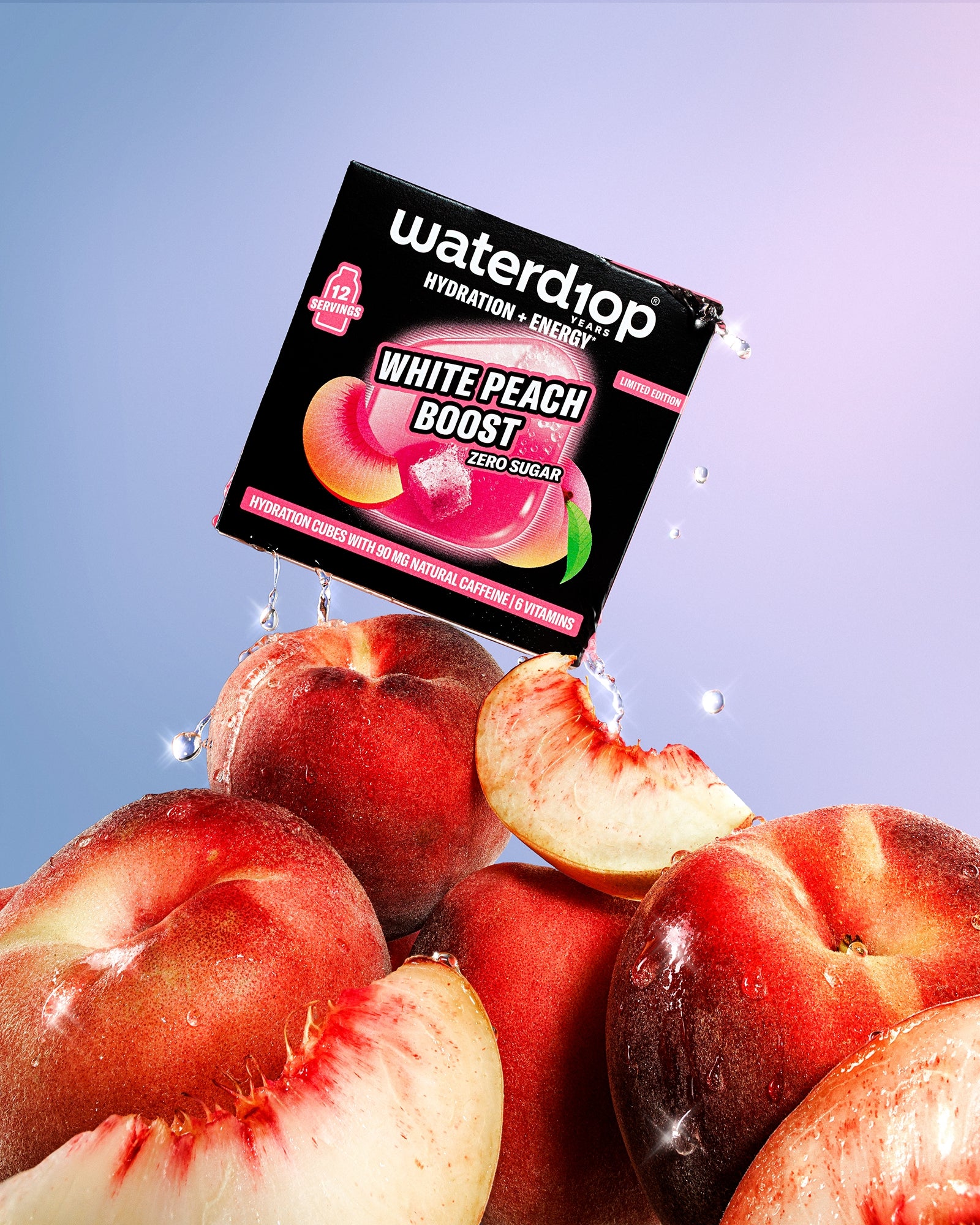 Cluster of ripe peaches with a hanging black promotional card above them against a blue-to-purple gradient background.