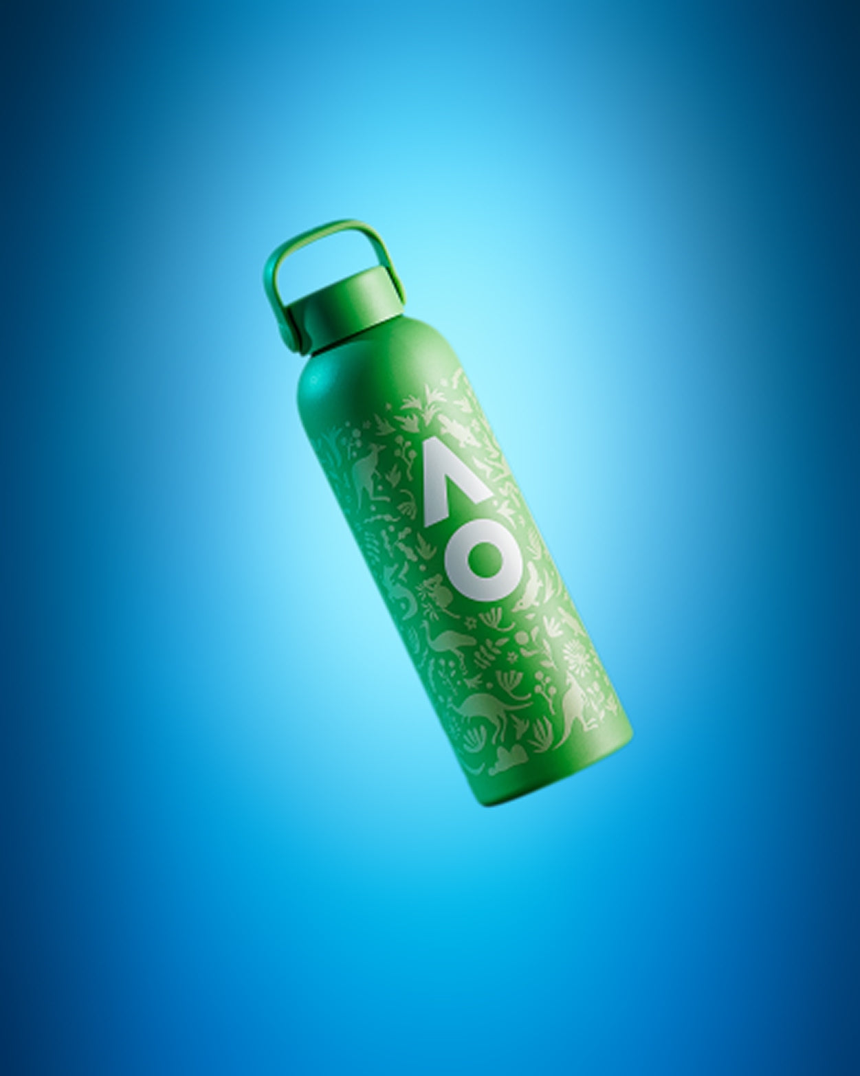 Green reusable water bottle with a white patterned design on a blue gradient background.